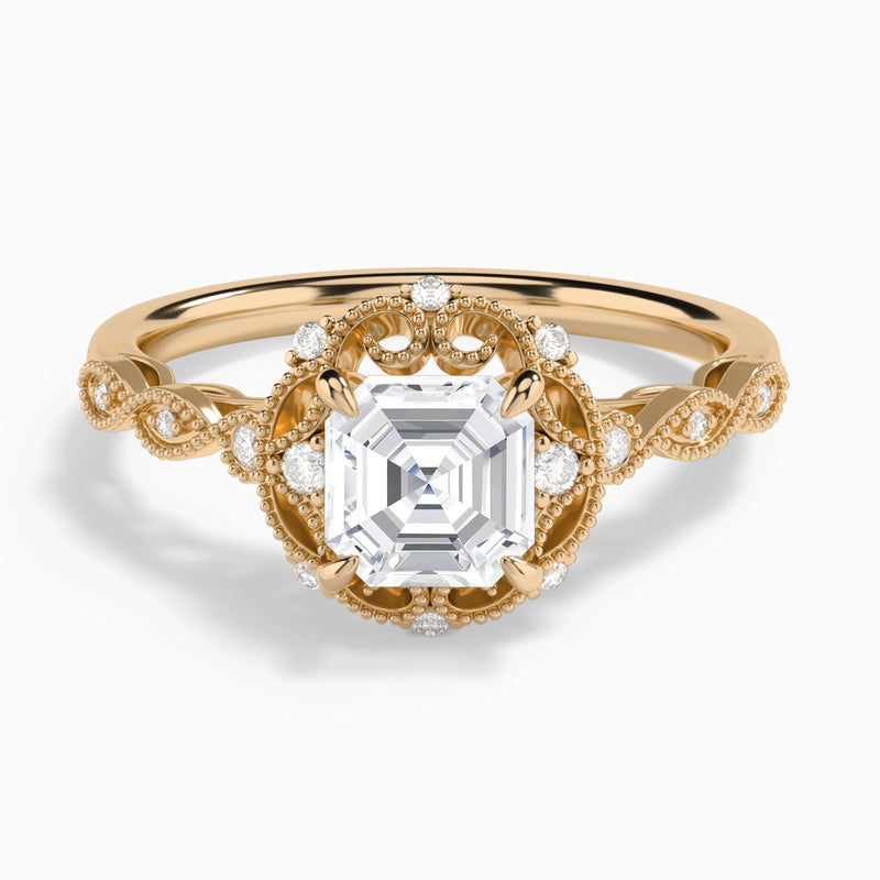 Asscher Floral Vintage Lab Grown Diamond Engagement Ring In 14K Rose Gold - Lucenjuri