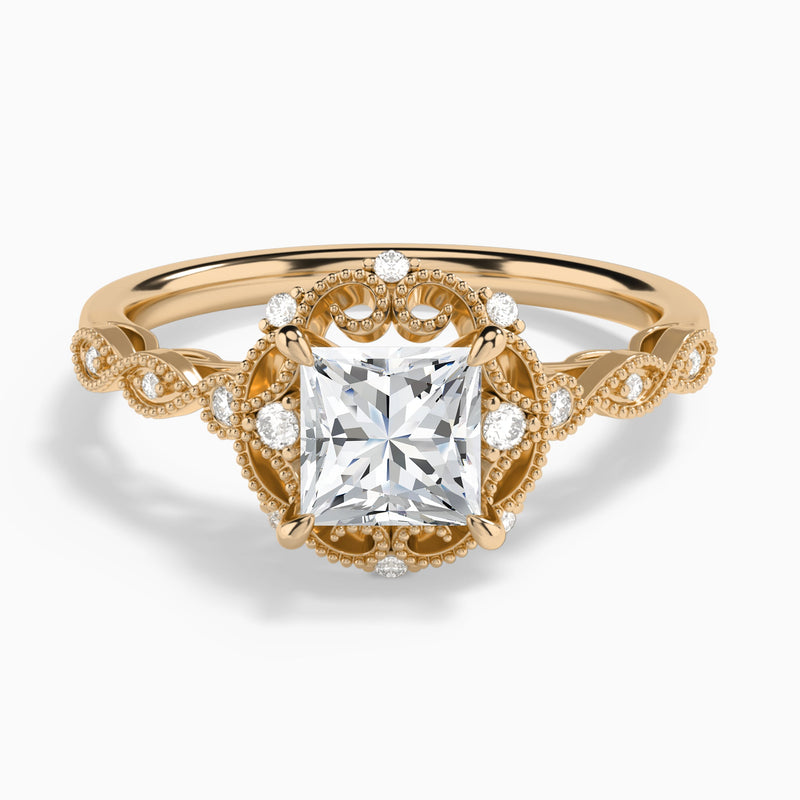 Princess Floral Vintage Lab Grown Diamond Engagement Ring In 14K Rose Gold - Lucenjuri