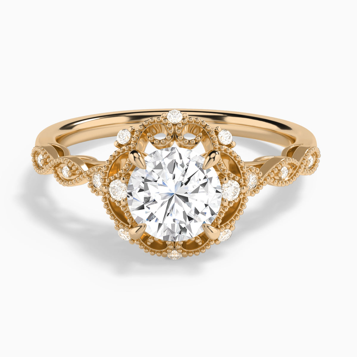 Round Floral Vintage Lab Grown Diamond Engagement Ring In 14K Rose Gold - Lucenjuri