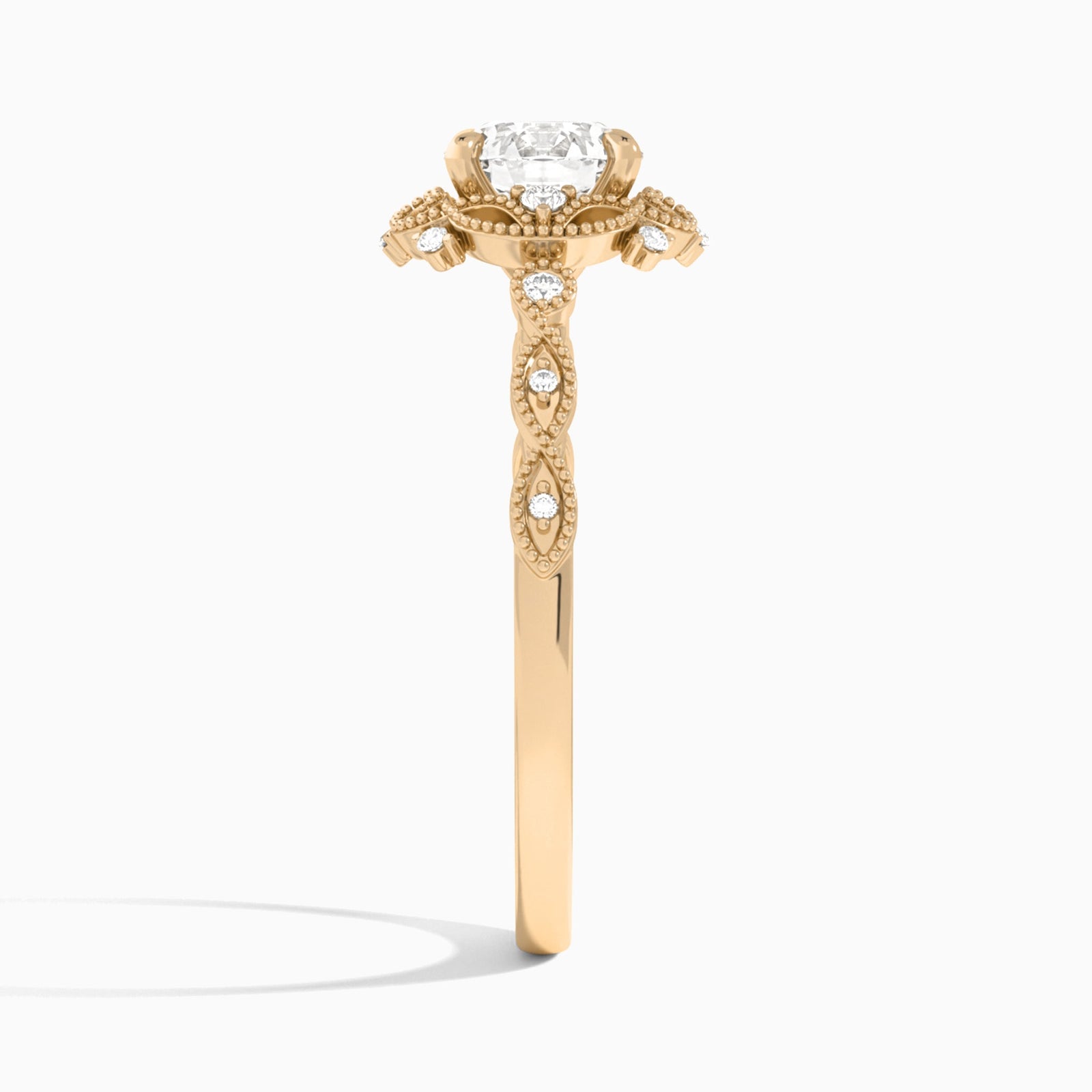 Round Floral Vintage Lab Grown Diamond Engagement Ring In 14K Rose Gold, Side View