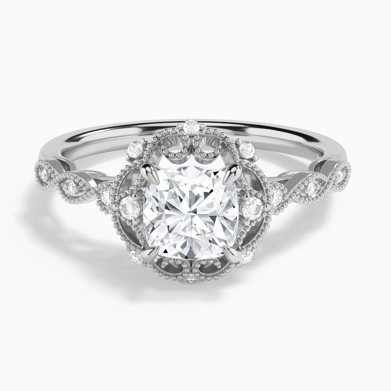 Cushion Floral Vintage Lab Diamond Engagement Ring In 14K White Gold - Lucenjuri