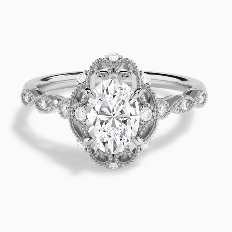 Oval Floral Vintage Lab Diamond Engagement Ring In 18K White Gold - Lucenjuri