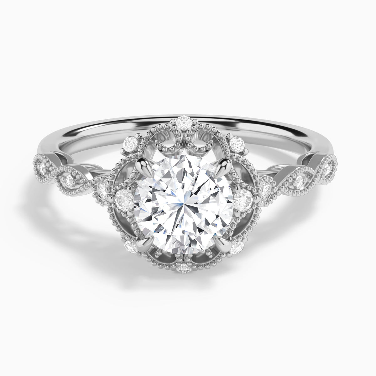 Round Floral Vintage Lab Diamond Engagement Ring In 14K White Gold - Lucenjuri