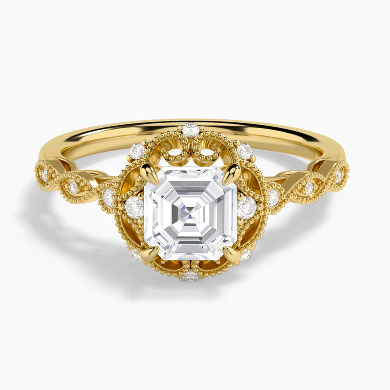 Asscher Floral Vintage Lab Diamond Engagement Ring In 18K Yellow Gold - Lucenjuri