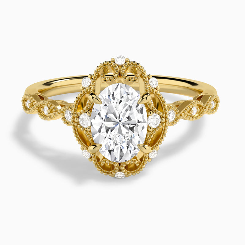 Oval Floral Vintage Lab Diamond Engagement Ring In 14K Yellow Gold - Lucenjuri