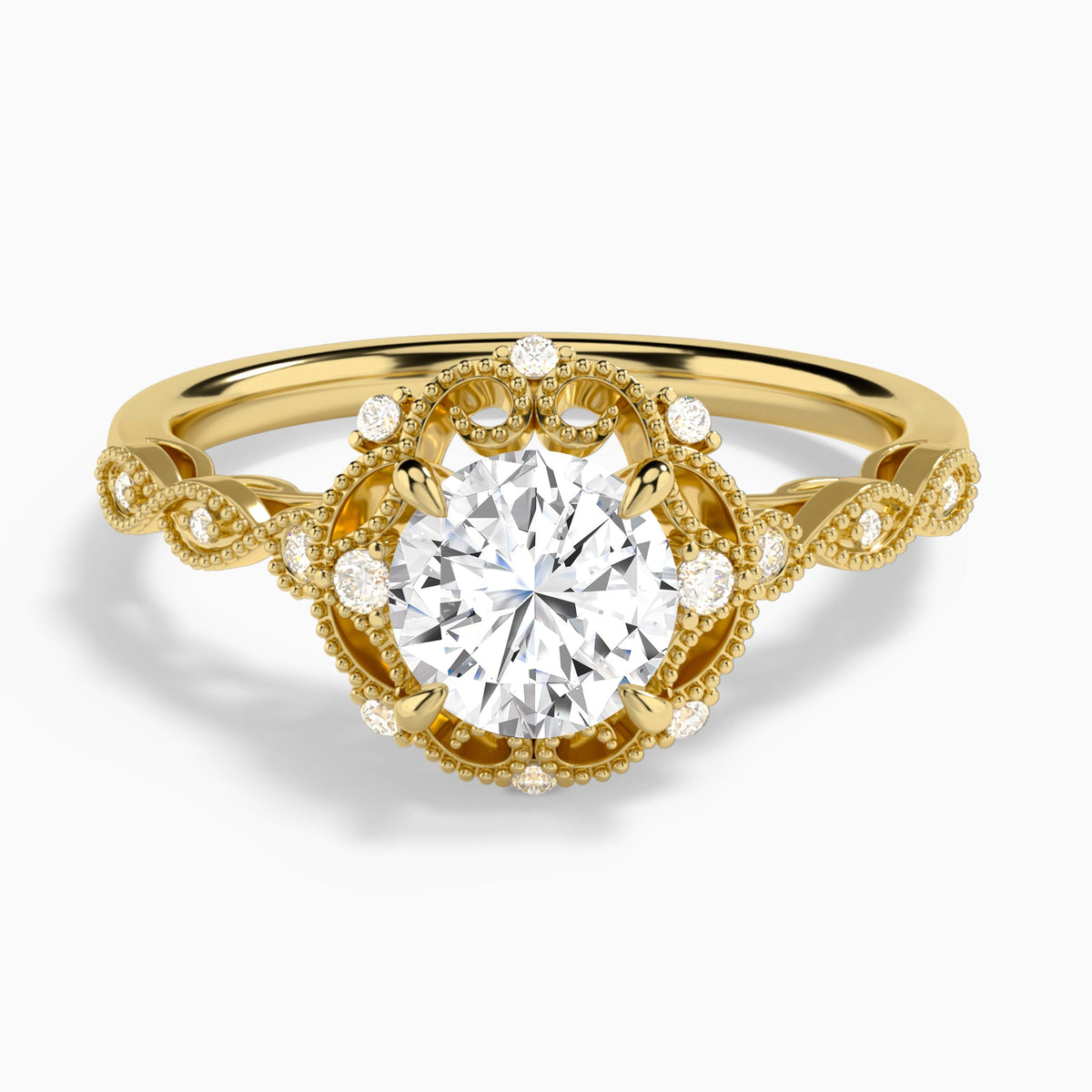 Round Floral Vintage Lab Diamond Engagement Ring In 18K Yellow Gold - Lucenjuri