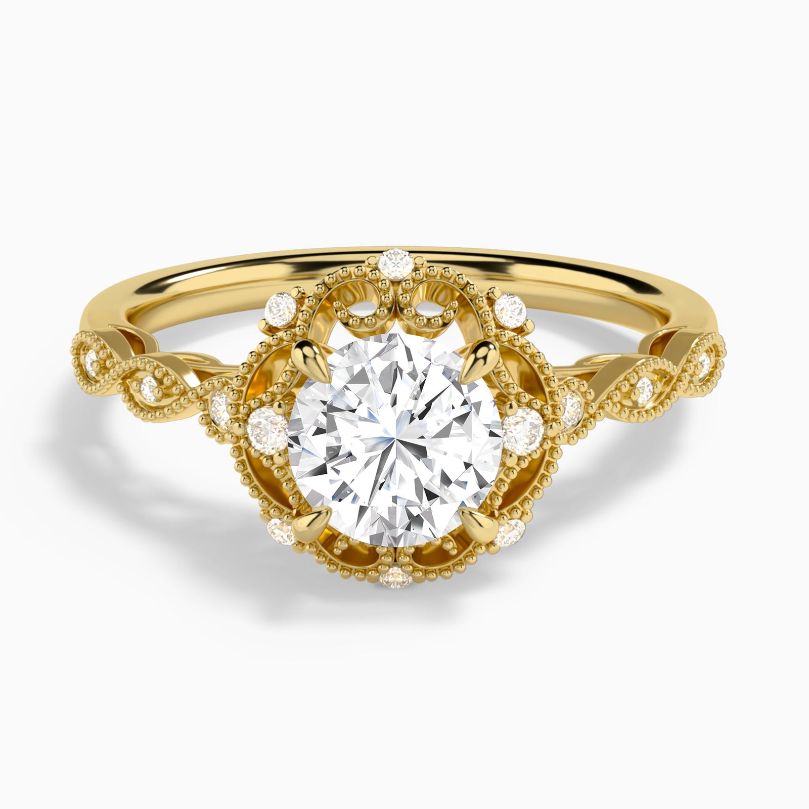 Round Floral Vintage Lab Diamond Engagement Ring In 18K Yellow Gold - Lucenjuri