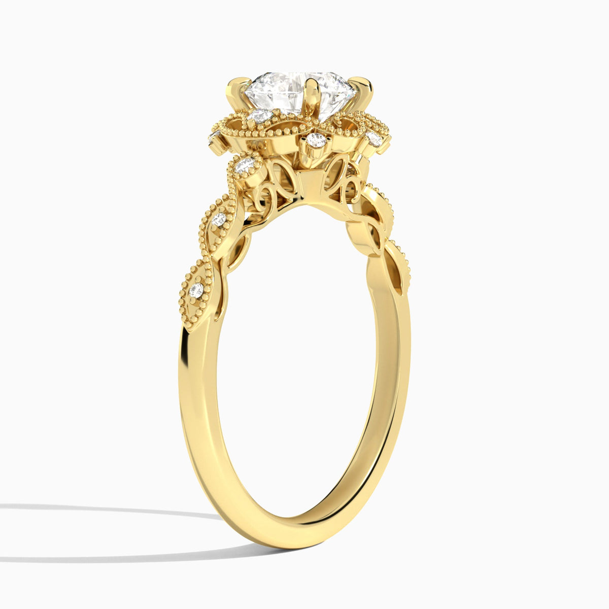 Round Floral Vintage Lab Diamond Engagement Ring In 18K Yellow Gold, Angle View