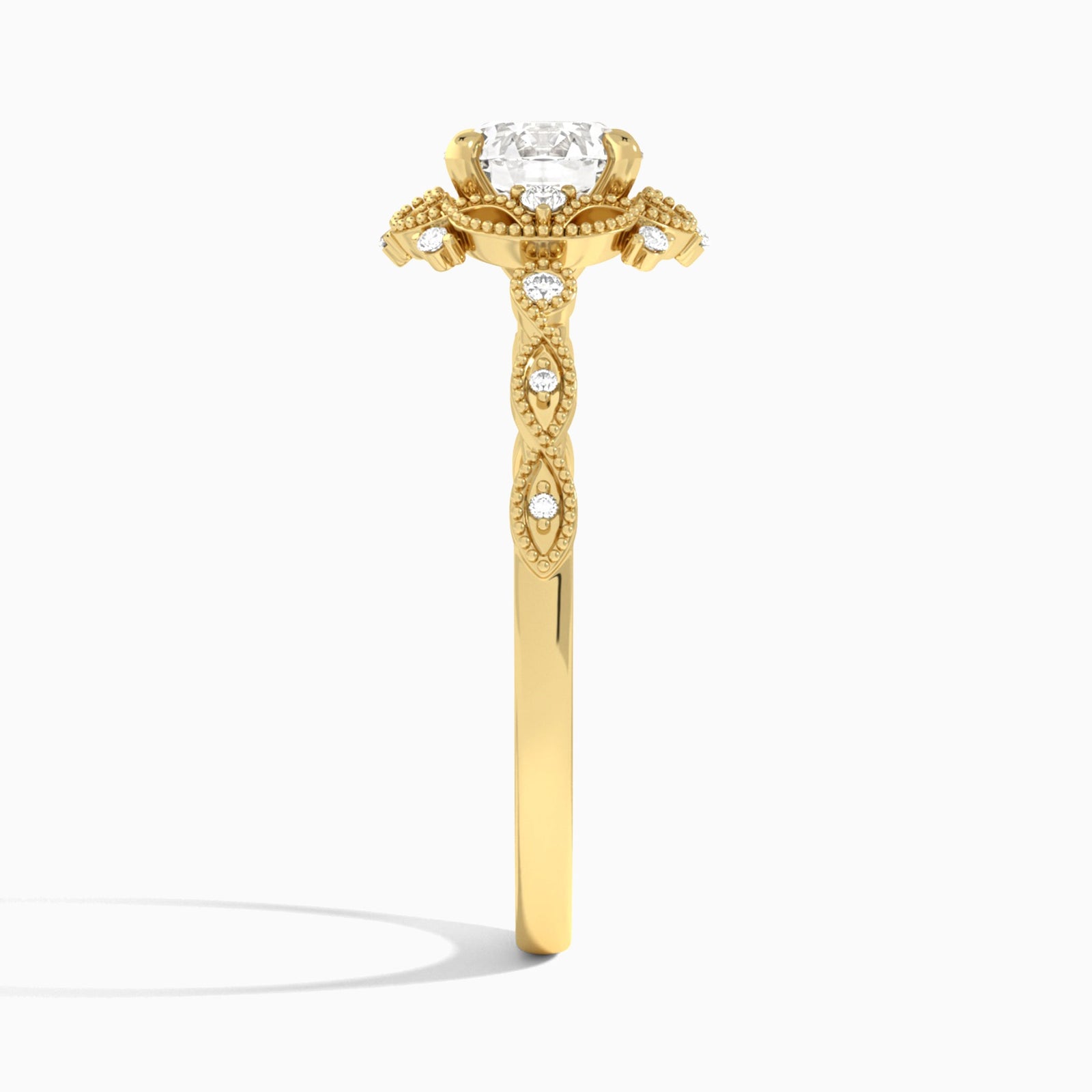Round Floral Vintage Lab Diamond Engagement Ring In 14K Yellow Gold, Side View