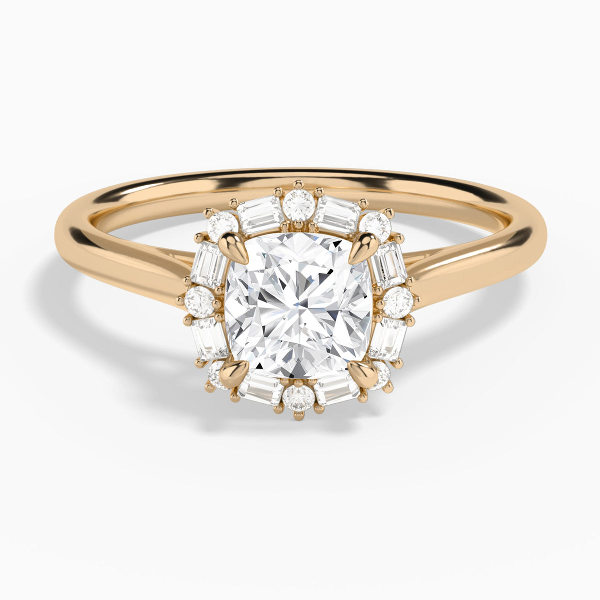 Cushion Octagon Baguette Halo Lab Diamond Engagement Ring In 14K Rose Gold - Lucenjuri
