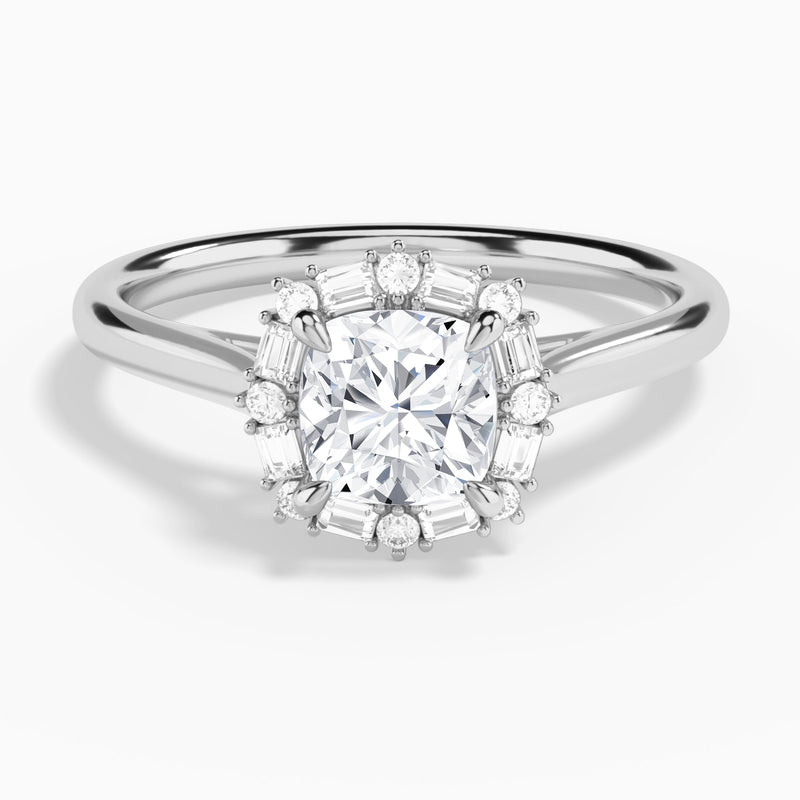 Cushion Octagon Baguette Halo Lab Diamond Engagement Ring In 14K White Gold - Lucenjuri