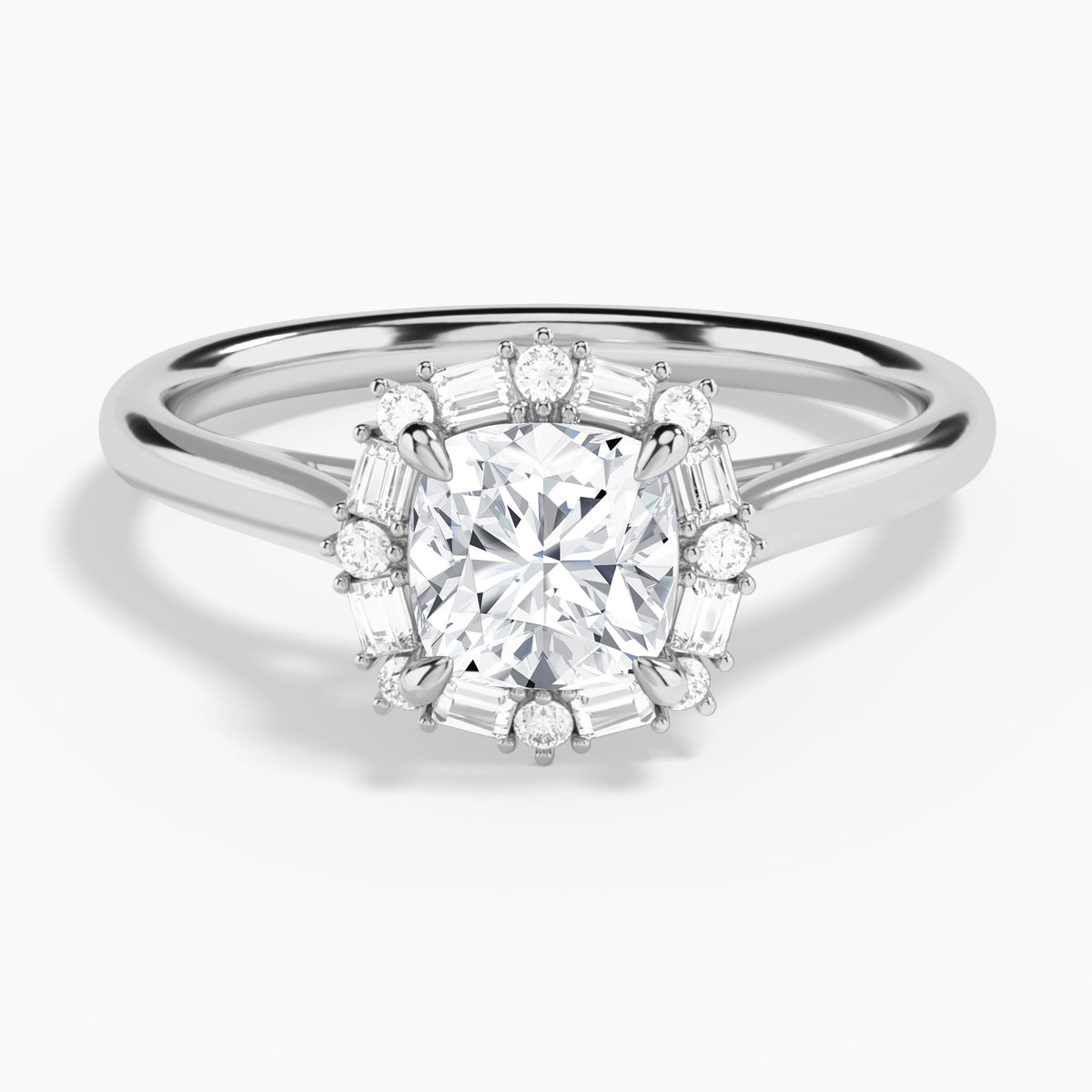 Cushion Octagon Baguette Halo Lab Diamond Engagement Ring In 14K White Gold - Lucenjuri