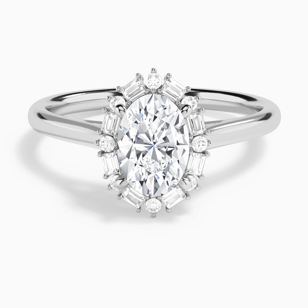 Oval Octagon Baguette Halo Lab Diamond Engagement Ring In 18K White Gold - Lucenjuri