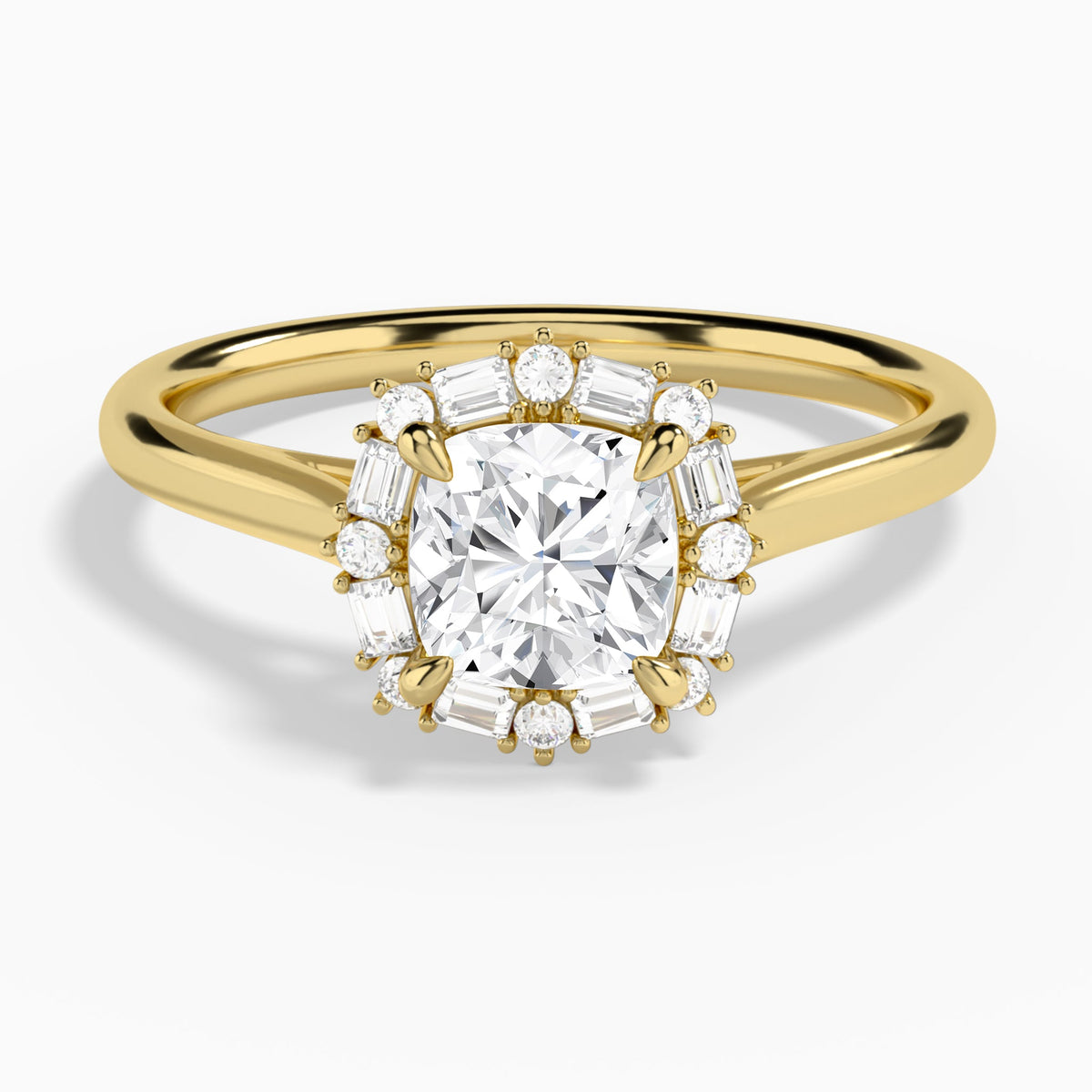 Cushion Octagon Baguette Halo Lab Diamond Engagement Ring In 18K Yellow Gold - Lucenjuri