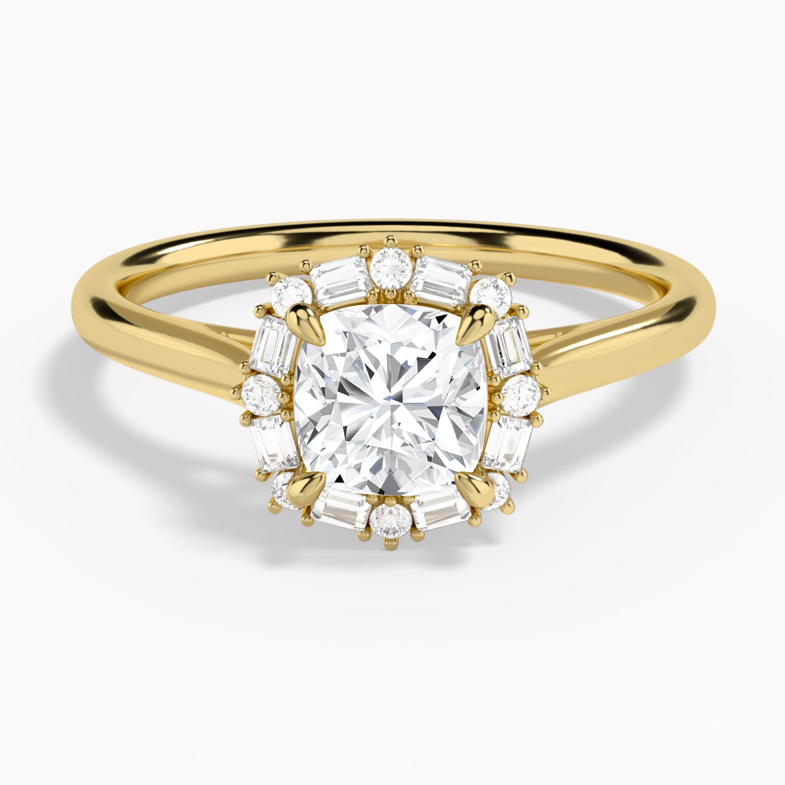 Cushion Octagon Baguette Halo Lab Diamond Engagement Ring In 14K Yellow Gold - Lucenjuri