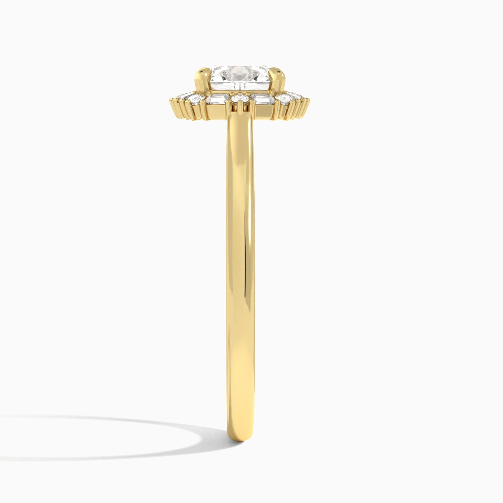 Cushion Octagon Baguette Halo Lab Diamond Engagement Ring In 14K Yellow Gold, Side View