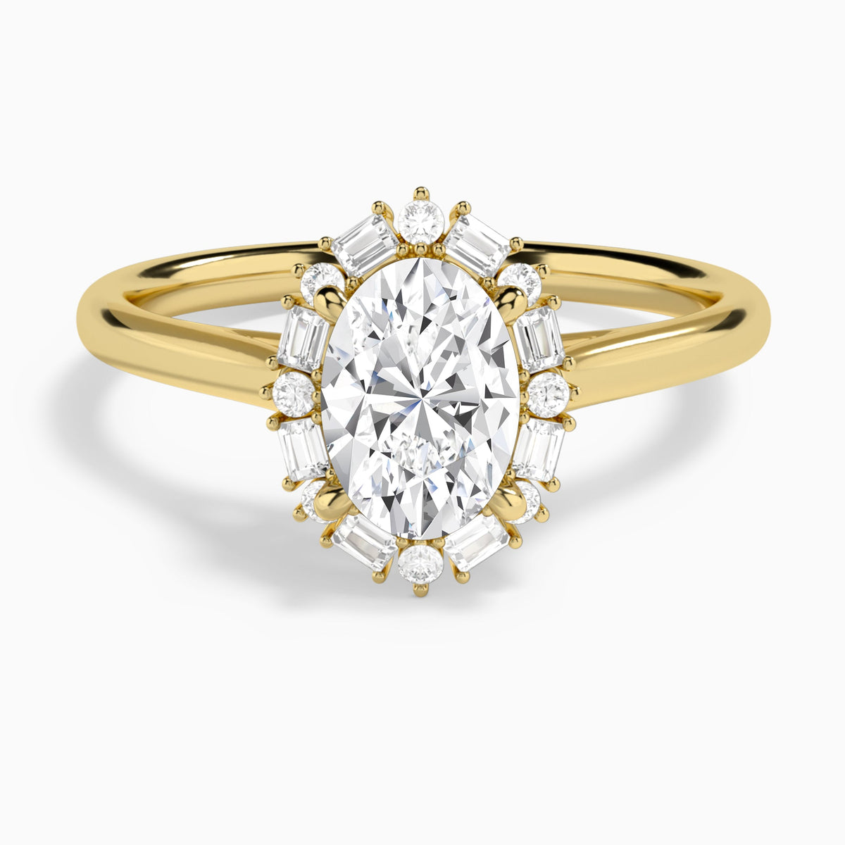 Oval Octagon Baguette Halo Lab Diamond Engagement Ring In 18K Yellow Gold - Lucenjuri
