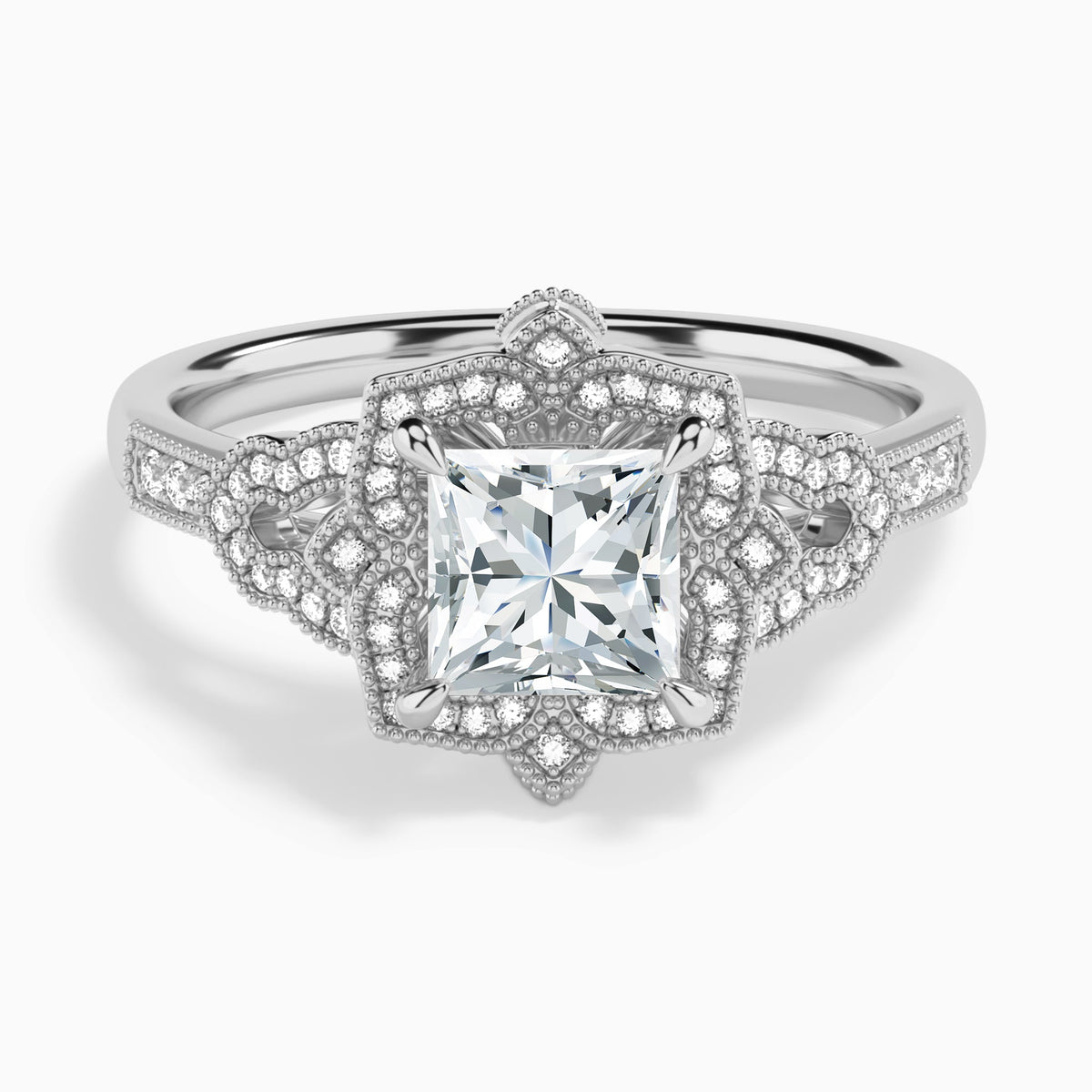Princess Luxe Ceriser Halo Lab Diamond Engagement Ring In 14K White Gold - Lucenjuri
