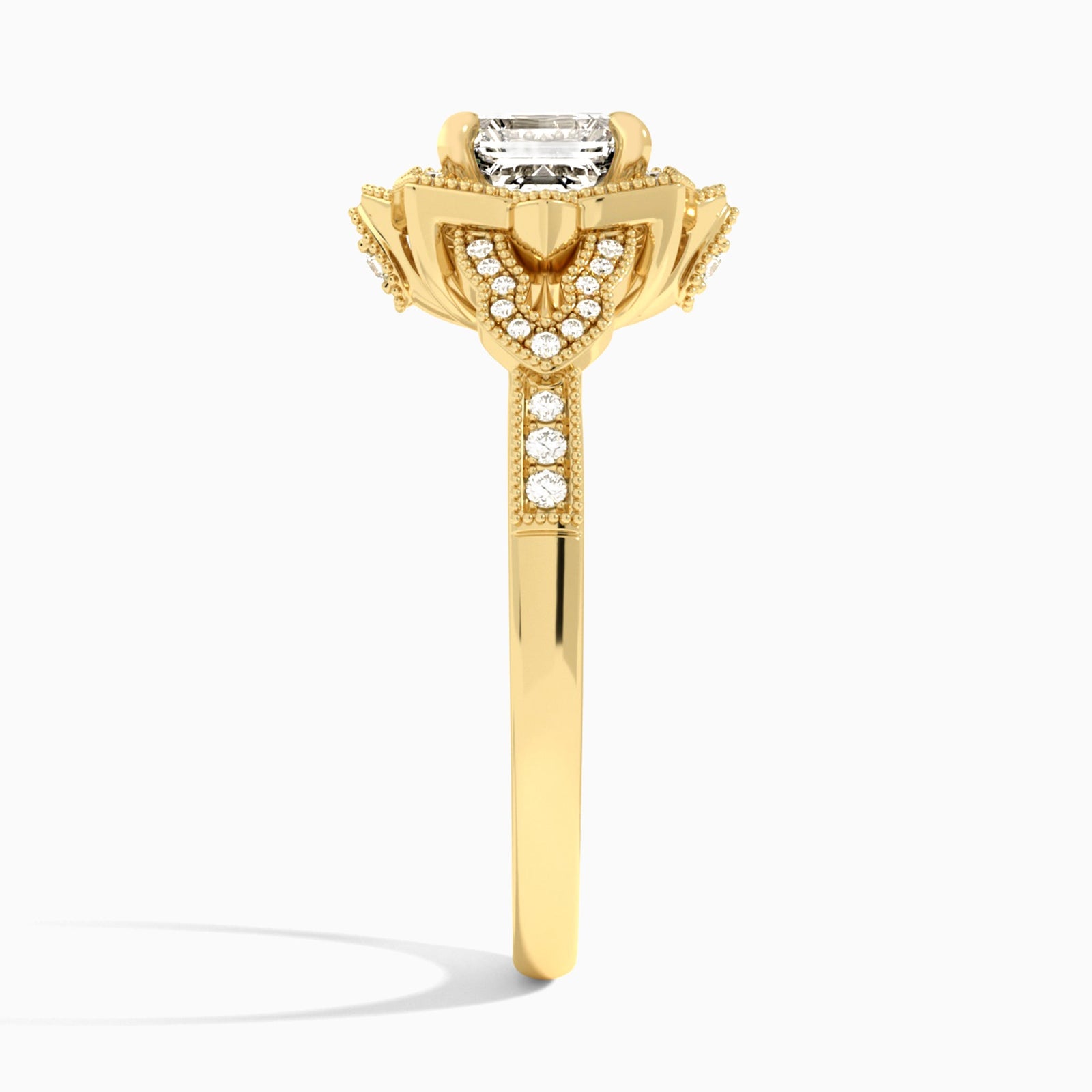 Asscher Luxe Ceriser Halo Lab Diamond Engagement Ring In 18K Yellow Gold, Side View