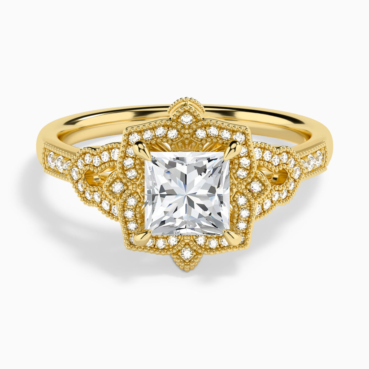 Princess Luxe Ceriser Halo Lab Diamond Engagement Ring In 18K Yellow Gold - Lucenjuri