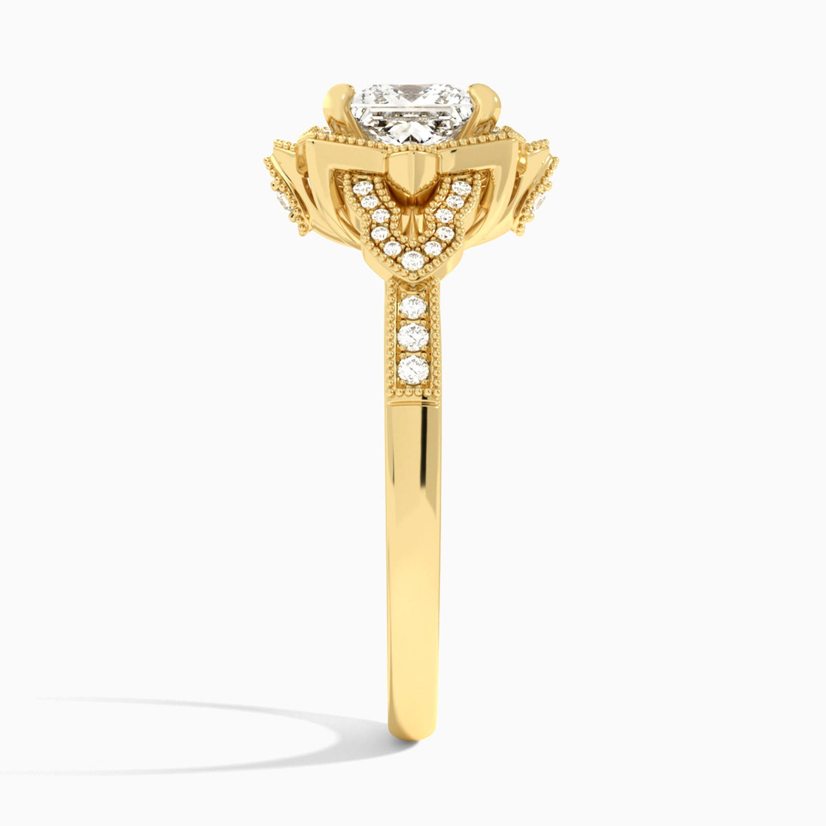 Princess Luxe Ceriser Halo Lab Diamond Engagement Ring In 14K Yellow Gold, Side View