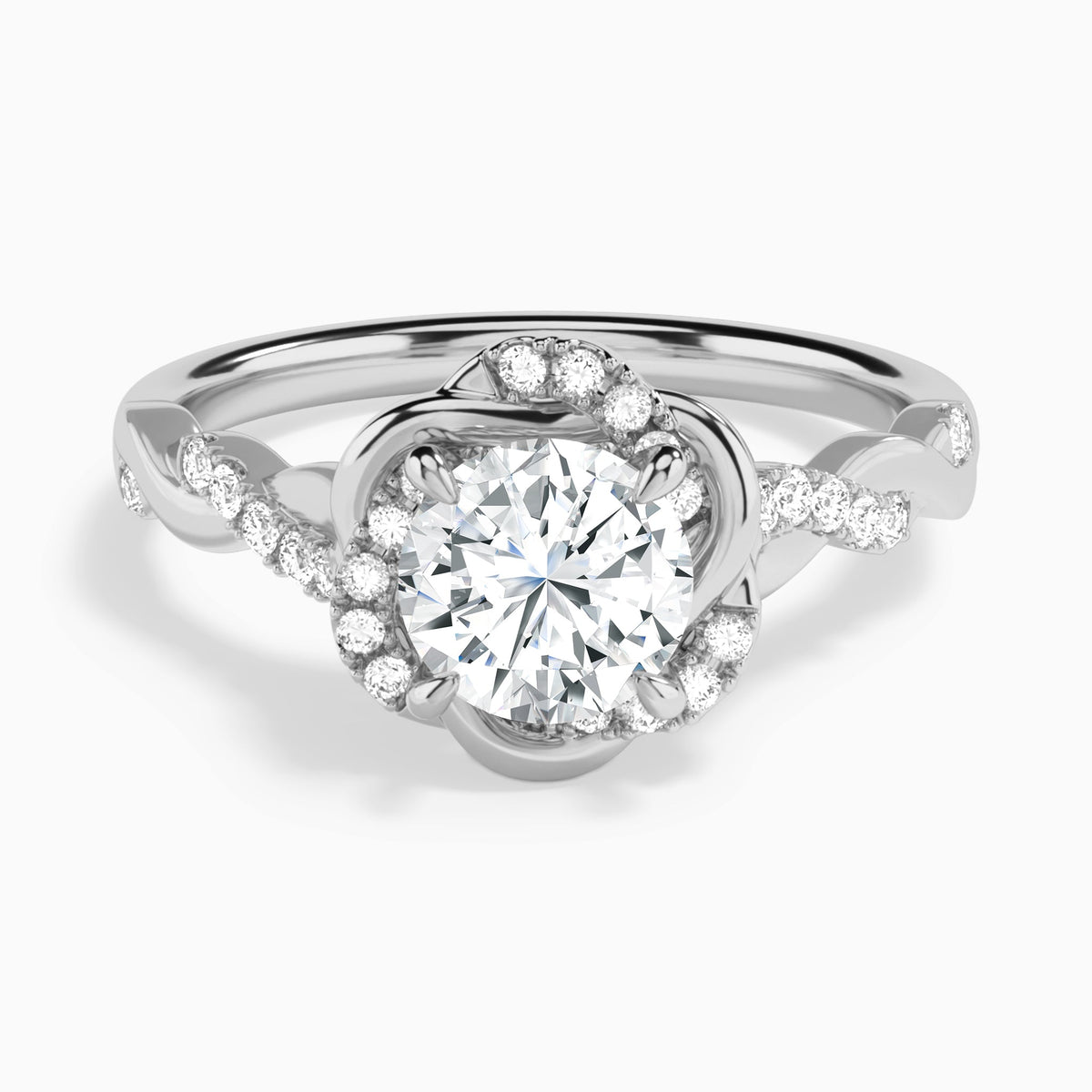 Round Luxe Halo Twisted Shank Lab Diamond Engagement Ring In 18K White Gold - Lucenjuri