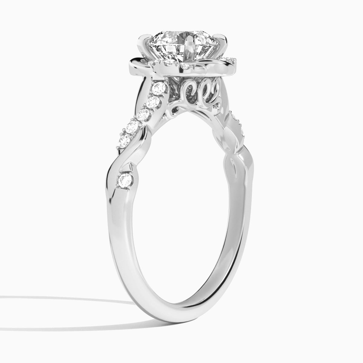 Round Luxe Halo Twisted Shank Lab Diamond Engagement Ring In 18K White Gold, Angle View