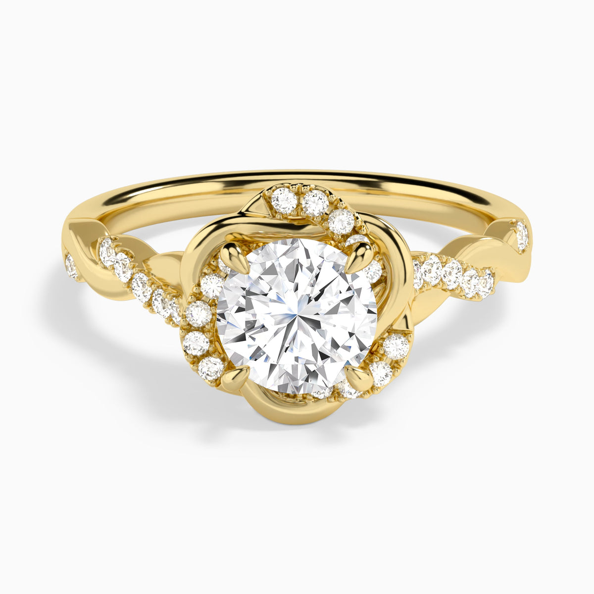 Round Luxe Halo Twisted Shank Lab Diamond Engagement Ring In 18K Yellow Gold - Lucenjuri