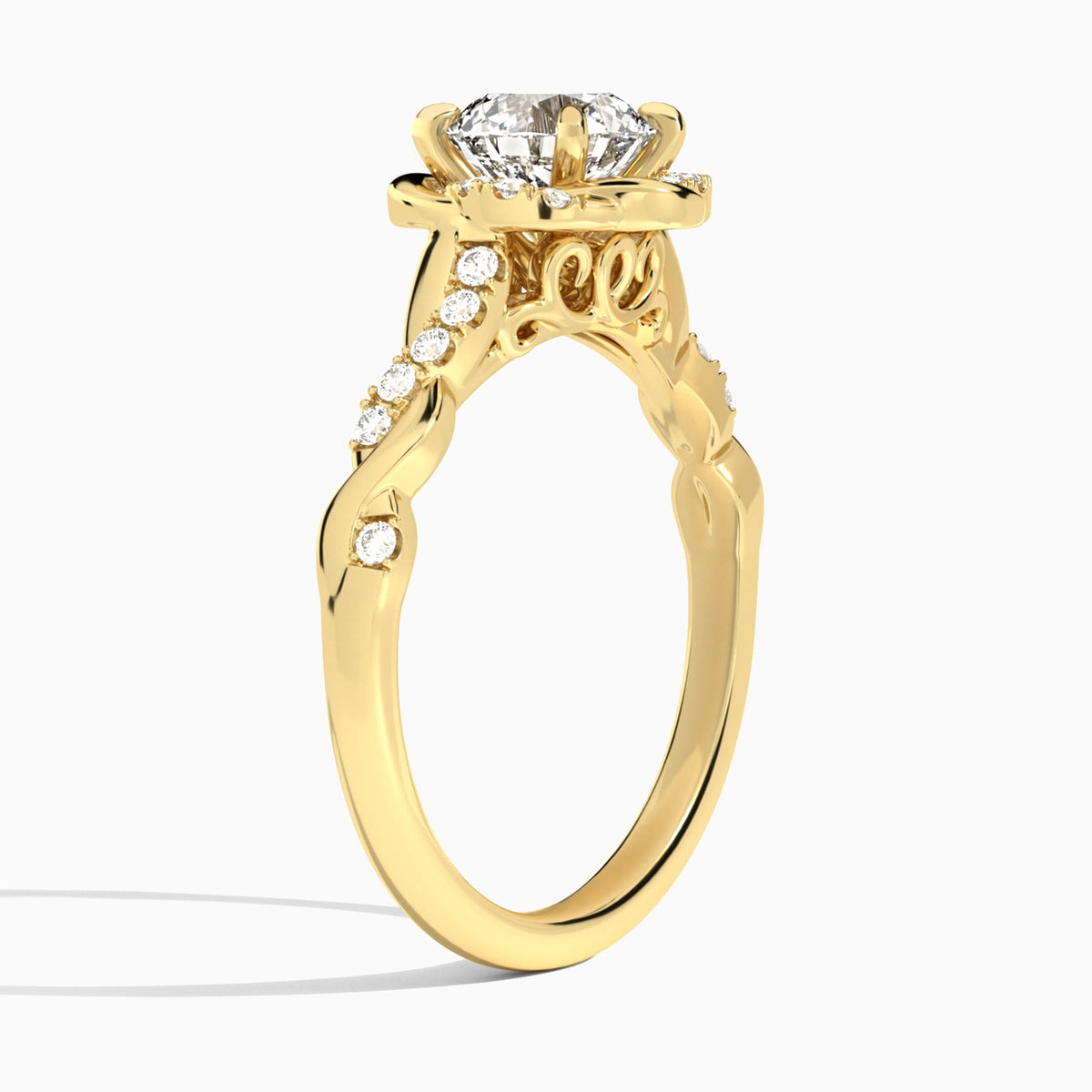Round Luxe Halo Twisted Shank Lab Diamond Engagement Ring In 14K Yellow Gold, Angle View