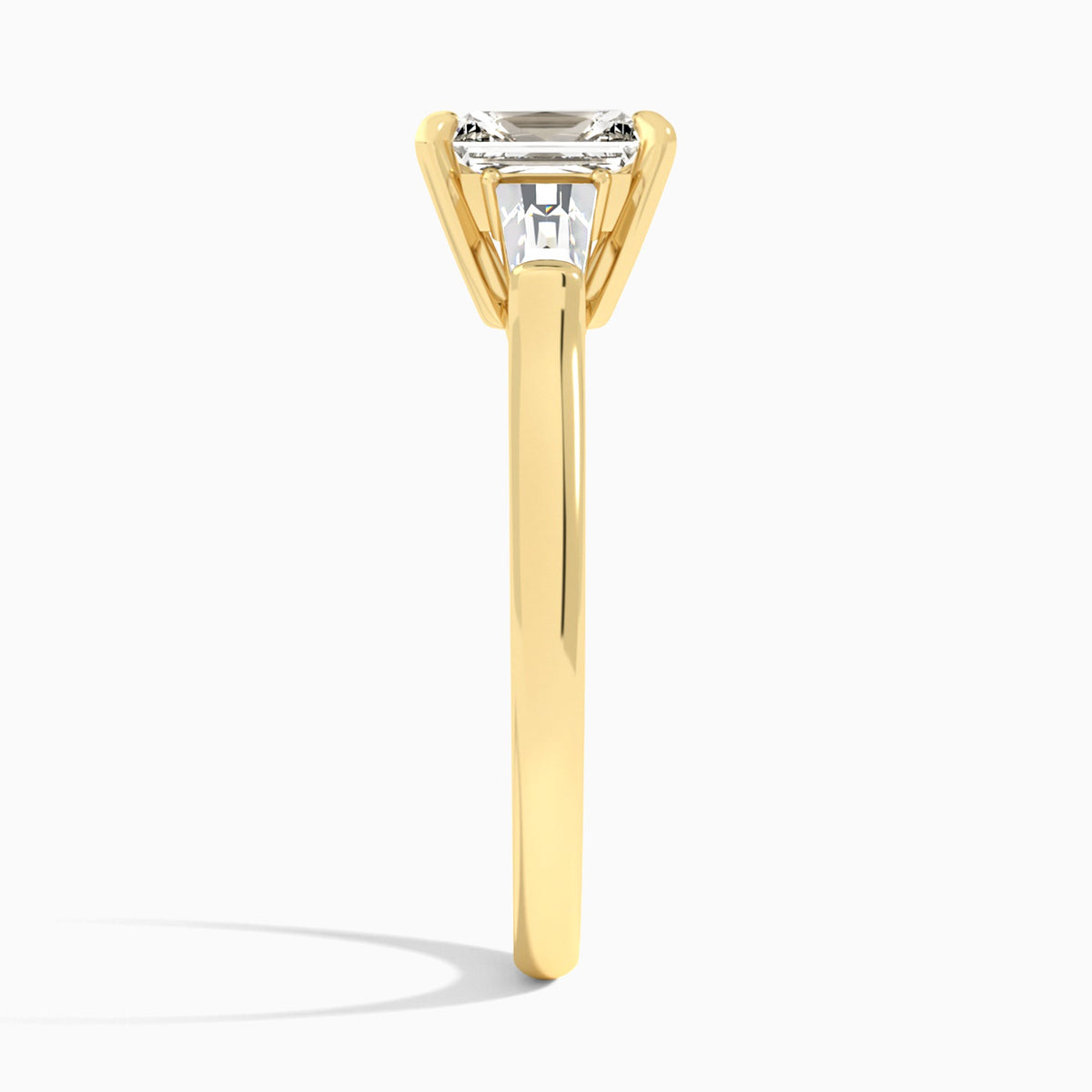 Radiant Timeless Trinity Lab Diamond Engagement Ring In 18K Yellow Gold, Side View