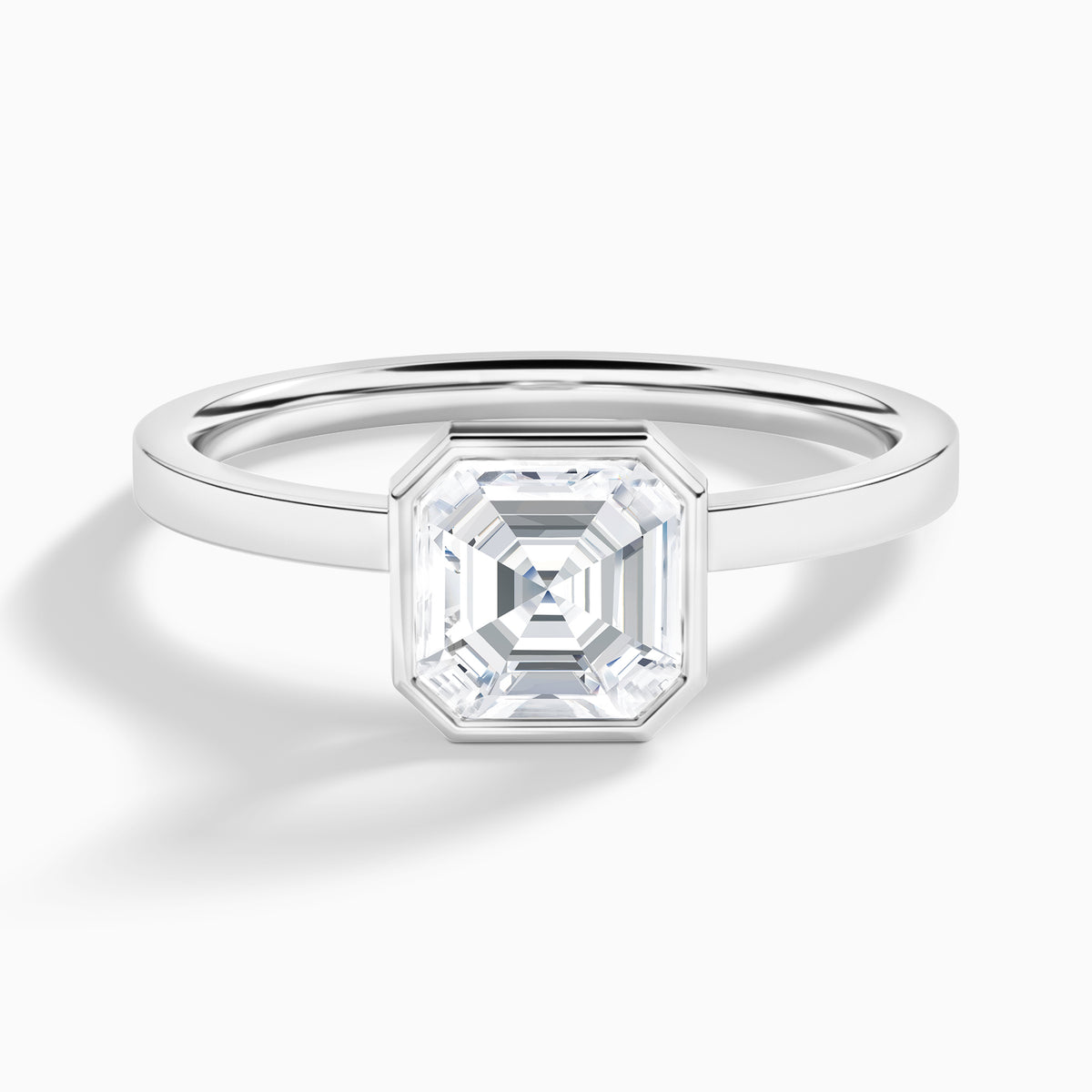Asscher Vera Bezel Set Solitaire Diamond Engagement Ring In 18K White Gold - Lucenjuri