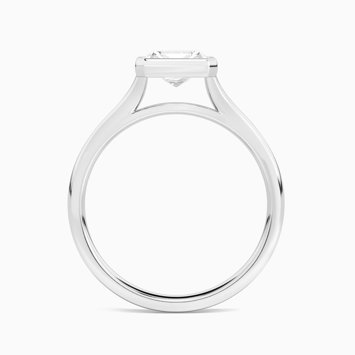 Radiant Alma East-West Bezel Solitaire Diamond Engagement Ring In 18K White Gold, Profile View