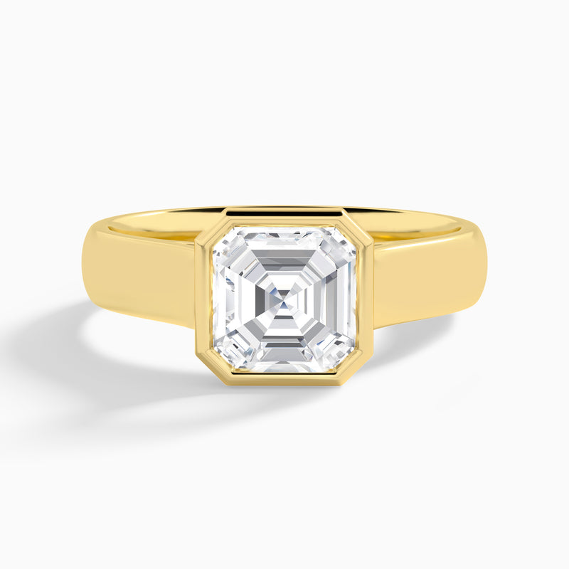 Asscher Alma 4mm Bezel Solitaire Diamond Engagement Ring In 18K Yellow Gold - Lucenjuri