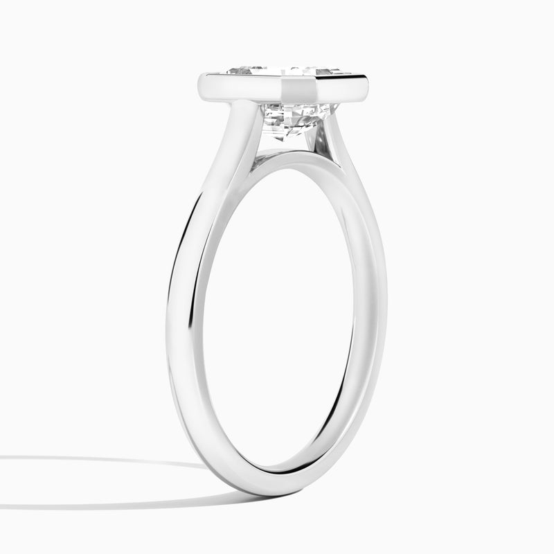 Asscher Alma 2mm Bezel Solitaire Diamond Engagement Ring In Platinum, Angle View