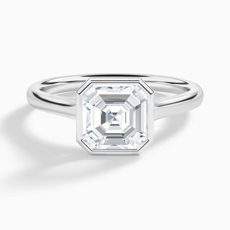 Asscher Alma 2mm Bezel Solitaire Diamond Engagement Ring In 18K White Gold - Lucenjuri