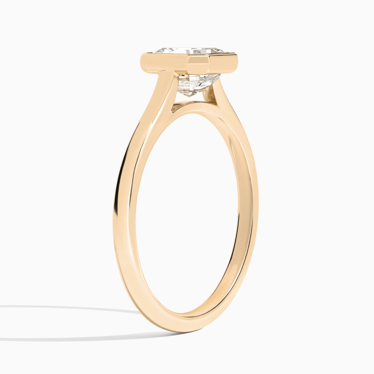 Asscher Petite Alma 1.6mm Bezel Solitaire Diamond Engagement Ring In 14K Rose Gold, Angle View