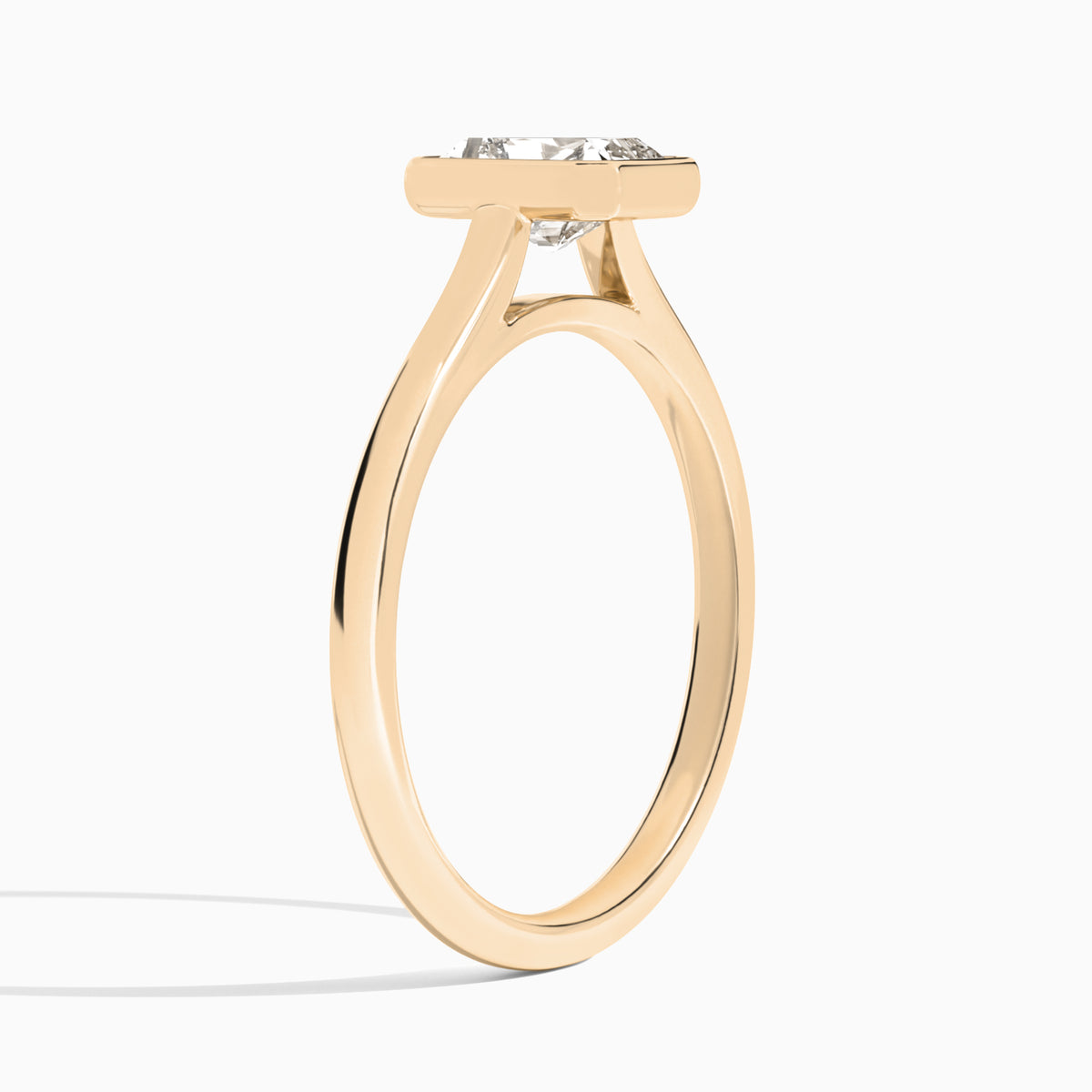 Radiant Petite Alma 1.6mm Bezel Solitaire Diamond Engagement Ring In 14K Rose Gold, Angle View