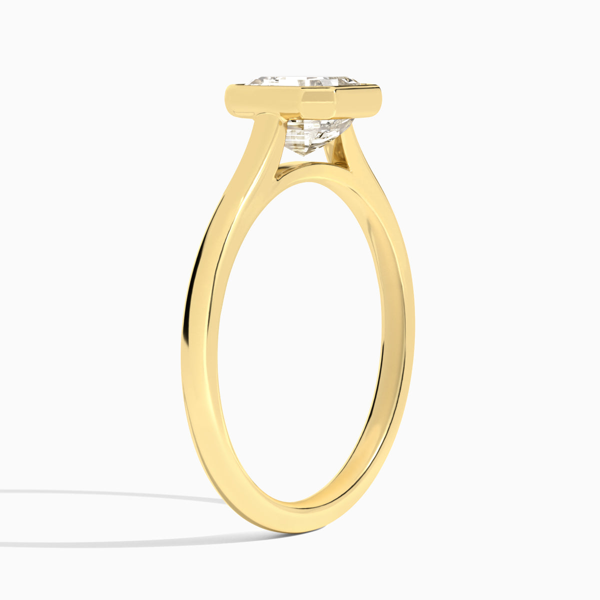 Asscher Petite Alma 1.6mm Bezel Solitaire Diamond Engagement Ring In 18K Yellow Gold, Angle View