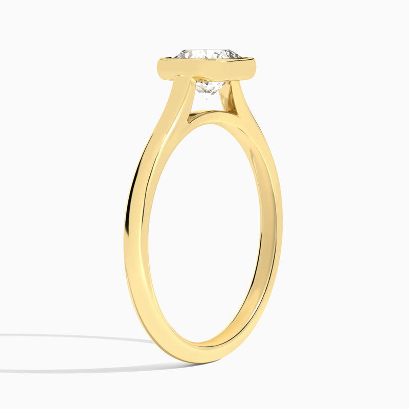 Cushion Petite Alma 1.6mm Bezel Solitaire Diamond Engagement Ring In 18K Yellow Gold, Angle View