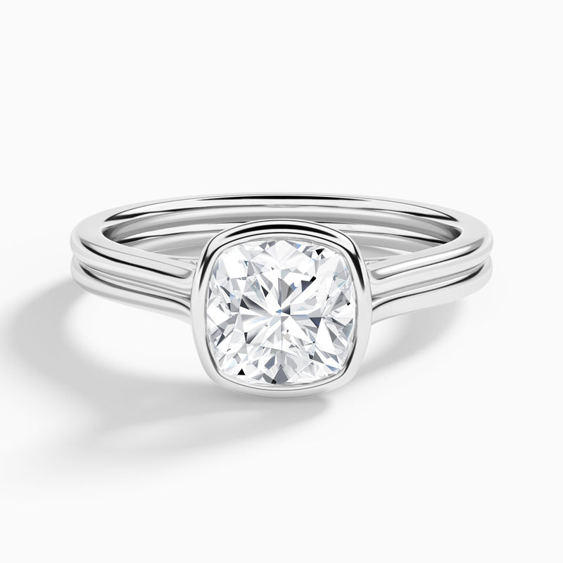Cushion Bezel Solitaire Double Band Diamond Engagement Ring In Platinum - Lucenjuri