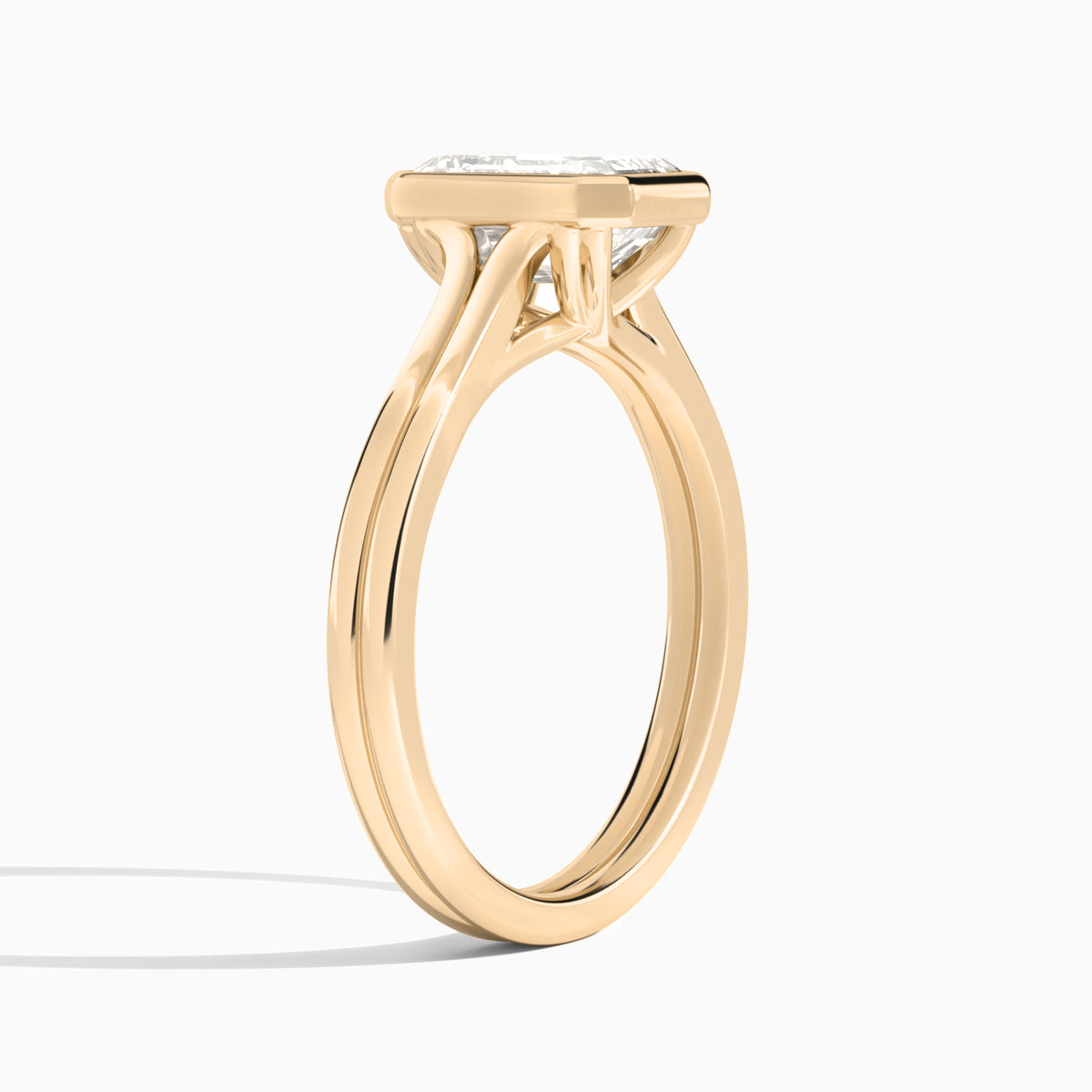Emerald Bezel Solitaire Double Band Diamond Engagement Ring In 14K Rose Gold, Angle View