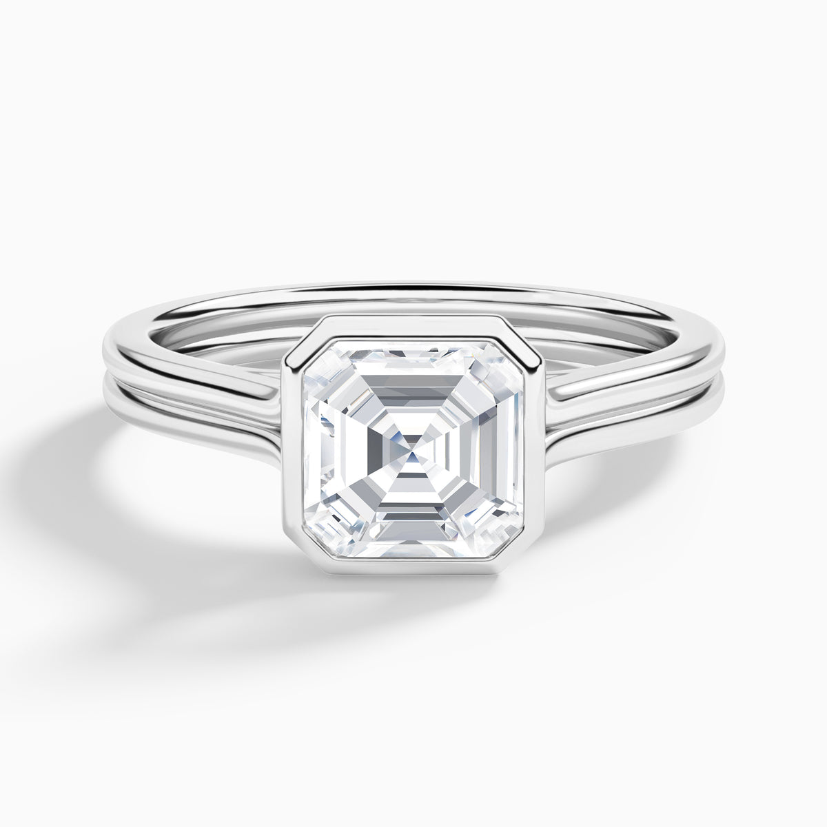 Asscher Bezel Solitaire Double Band Diamond Engagement Ring In 18K White Gold - Lucenjuri