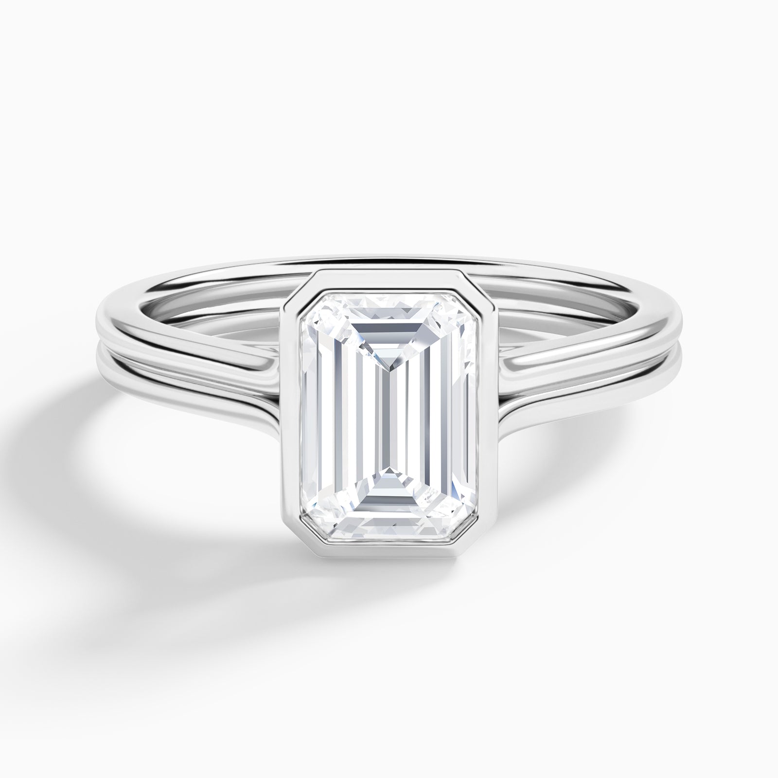 Emerald Bezel Solitaire Double Band Diamond Engagement Ring In 18K White Gold - Lucenjuri