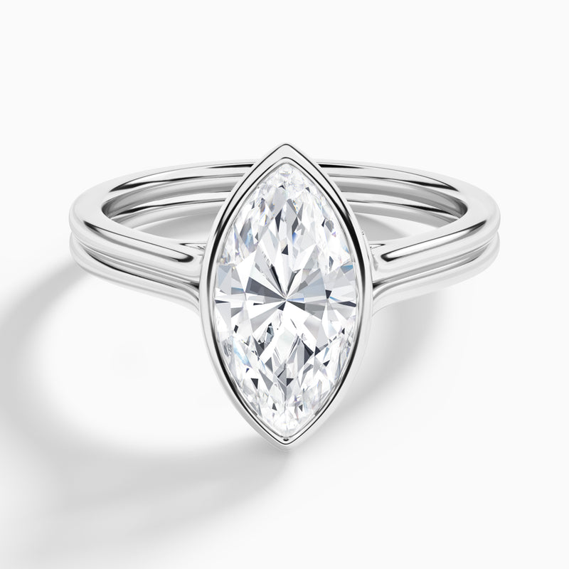 Marquise Bezel Solitaire Double Band Diamond Engagement Ring In 18K White Gold - Lucenjuri