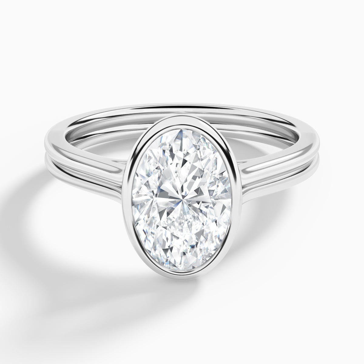 Oval Bezel Solitaire Double Band Diamond Engagement Ring In 18K White Gold - Lucenjuri