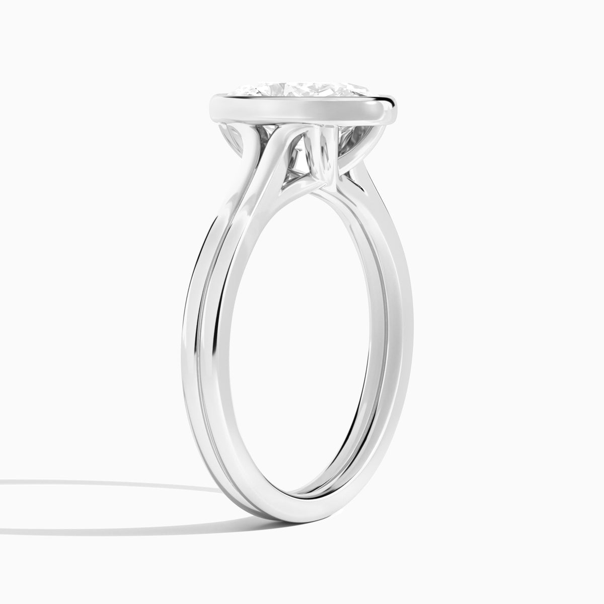 Oval Bezel Solitaire Double Band Diamond Engagement Ring In 18K White Gold, Angle View