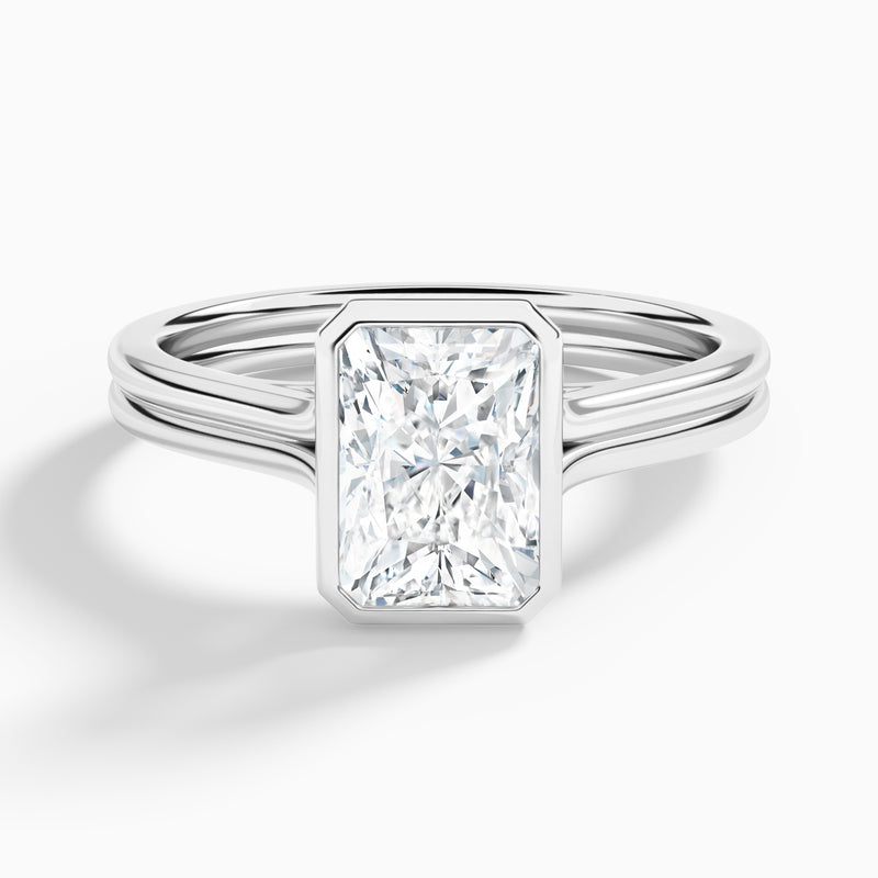 Radiant Bezel Solitaire Double Band Diamond Engagement Ring In 18K White Gold - Lucenjuri