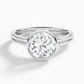 Round Bezel Solitaire Double Band Diamond Engagement Ring In 18K White Gold - Lucenjuri