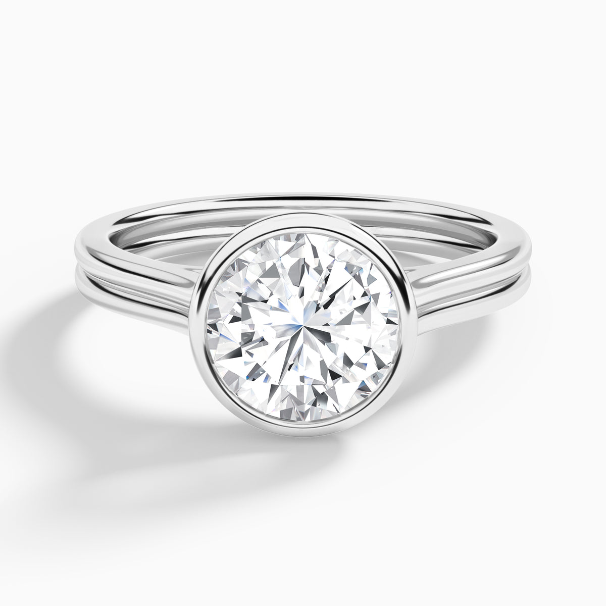 Round Bezel Solitaire Double Band Diamond Engagement Ring In 18K White Gold - Lucenjuri