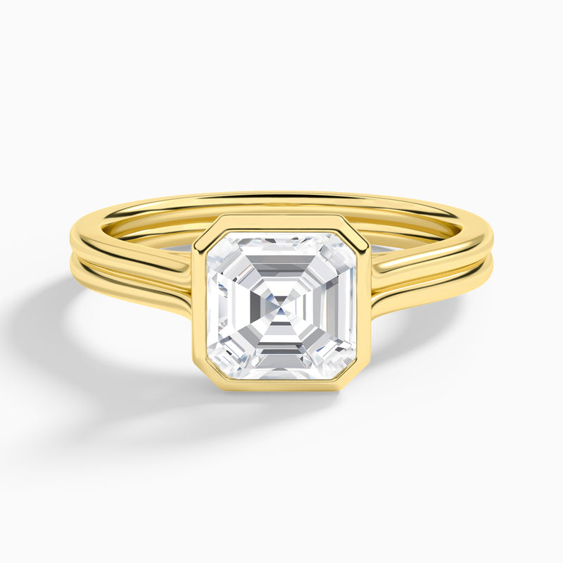 Asscher Bezel Solitaire Double Band Diamond Engagement Ring In 18K Yellow Gold - Lucenjuri